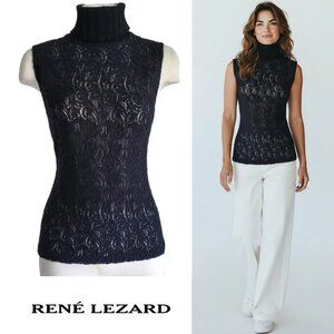 Renee Lezard Boucle Knit Virgin Wool Blend Open Weave Sleeveless Turtle Neck Top